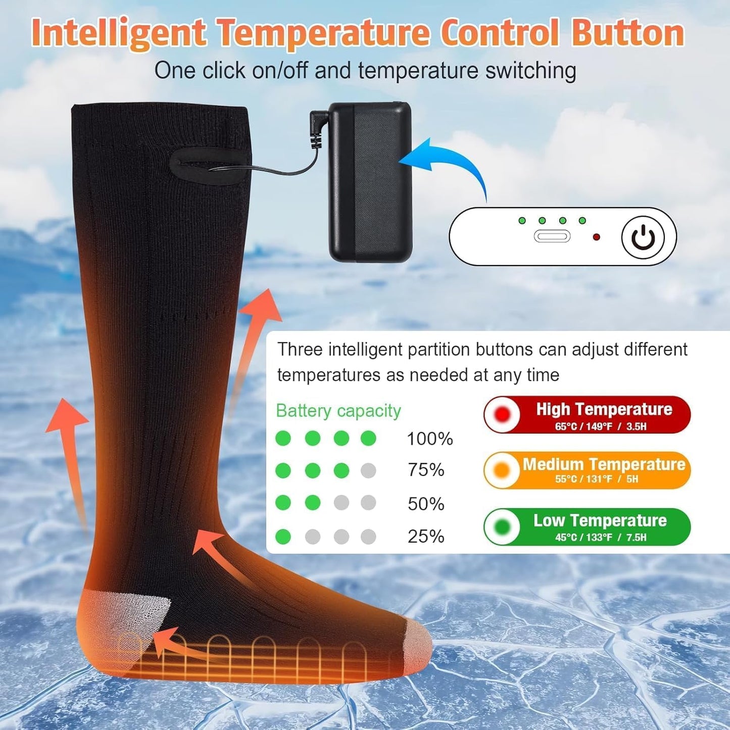 Heated Socks for Men Women with 5V 4000mAh Rechargeable Battery Powered Machine Washable Thermal Heating Socks Electric Foot Warmer Winter Outdoor Skiing Hunting Camping (Black, One Size)