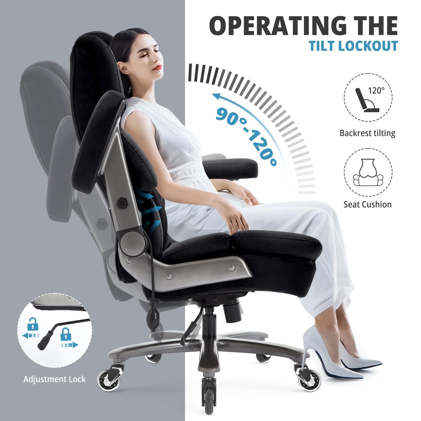 Big and Tall Office Chair 700lbs- Fabric High Back Executive Computer Chair with Adjustable Lumbar Support 3D Flip Arms Plus Size Rubber Wheels- Extra Wide Large Desk Chairs, Heavy Duty Metal Base