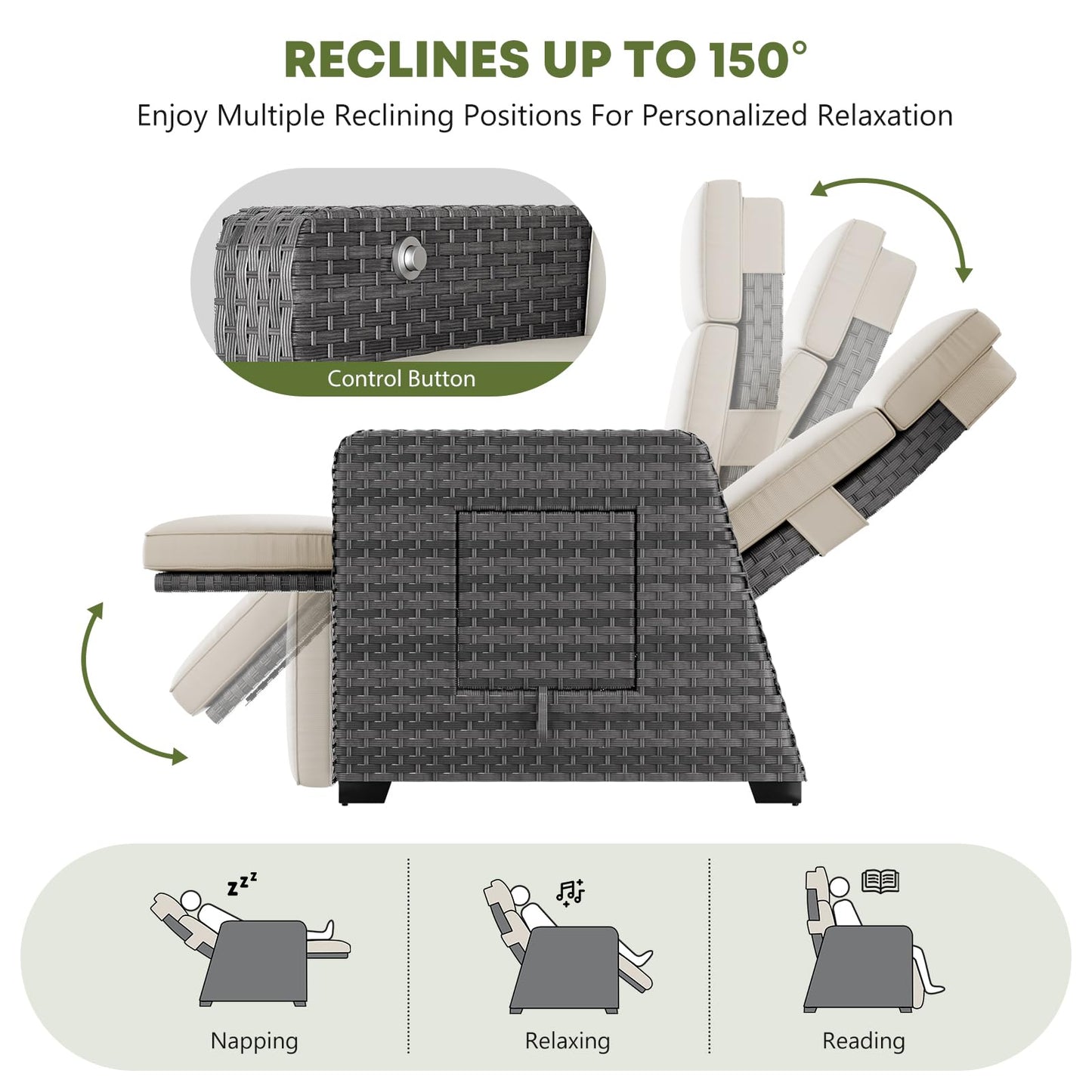 Set of 2 Outdoor Patio Reclining Chairs with 150° Lay-Flat Position, Extended Footrest, Flip-Up Side Table & Removable Beige Cushions - Wicker Recliners