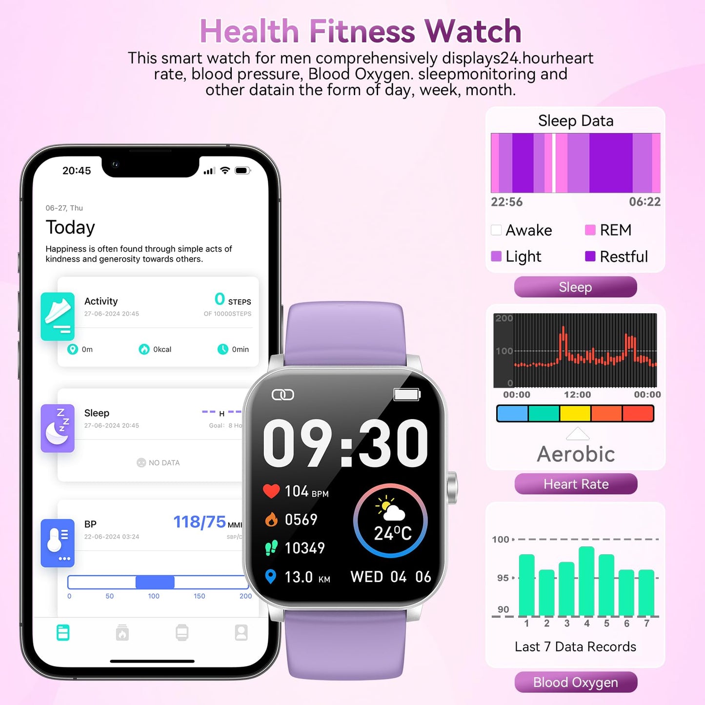 Smart Watch, 1.85" HD Smartwatch for Men Women (Answer/Make Calls), Fitness Watch with Heart Rate/Sleep/IP68 Waterproof/120+ Sports Modes, Pedometer, Android Smart Watch for Android iOS (Purple)