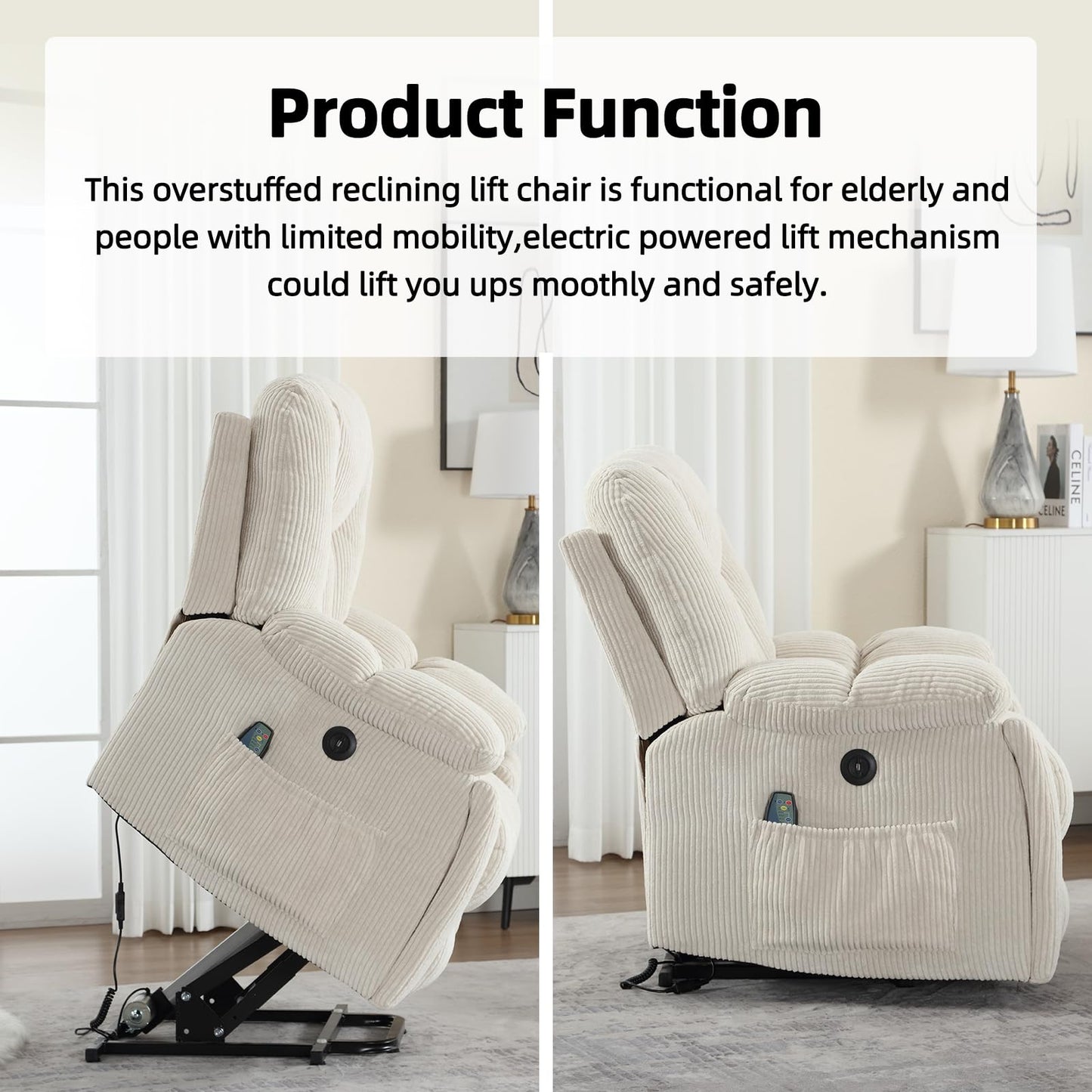 CANMOV Power Lift Recliner Chair with Massage and Heat for Elderly, Overstuffed Wide Recliners, Heavy Duty and Safety Motion Reclining Mechanism with USB Ports, 2 Concealed Cup Holders, Beige