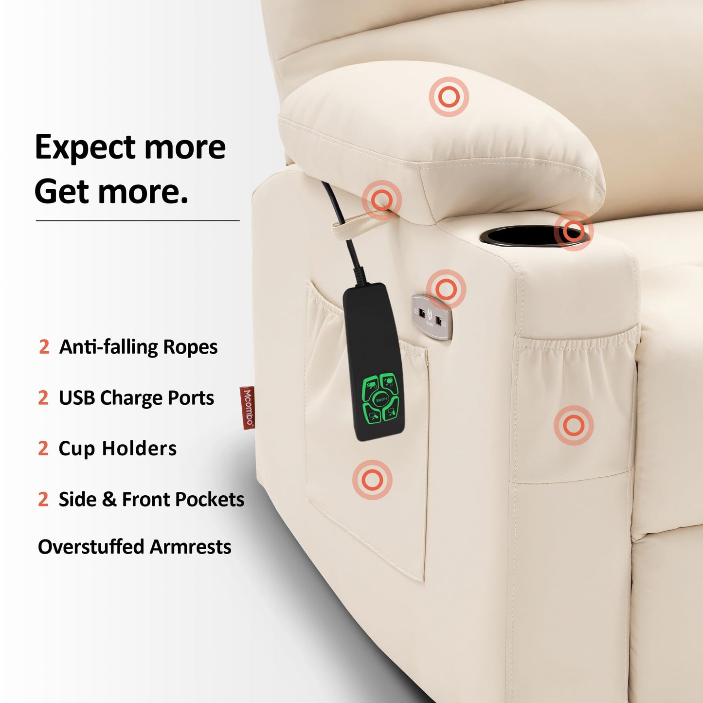 MCombo Medium Lay Flat Dual Motor Power Lift Recliner Chair Sofa with Massage and Heat for Elderly People, Infinite Position, Faux Leather 7679 (Cream White, Medium)