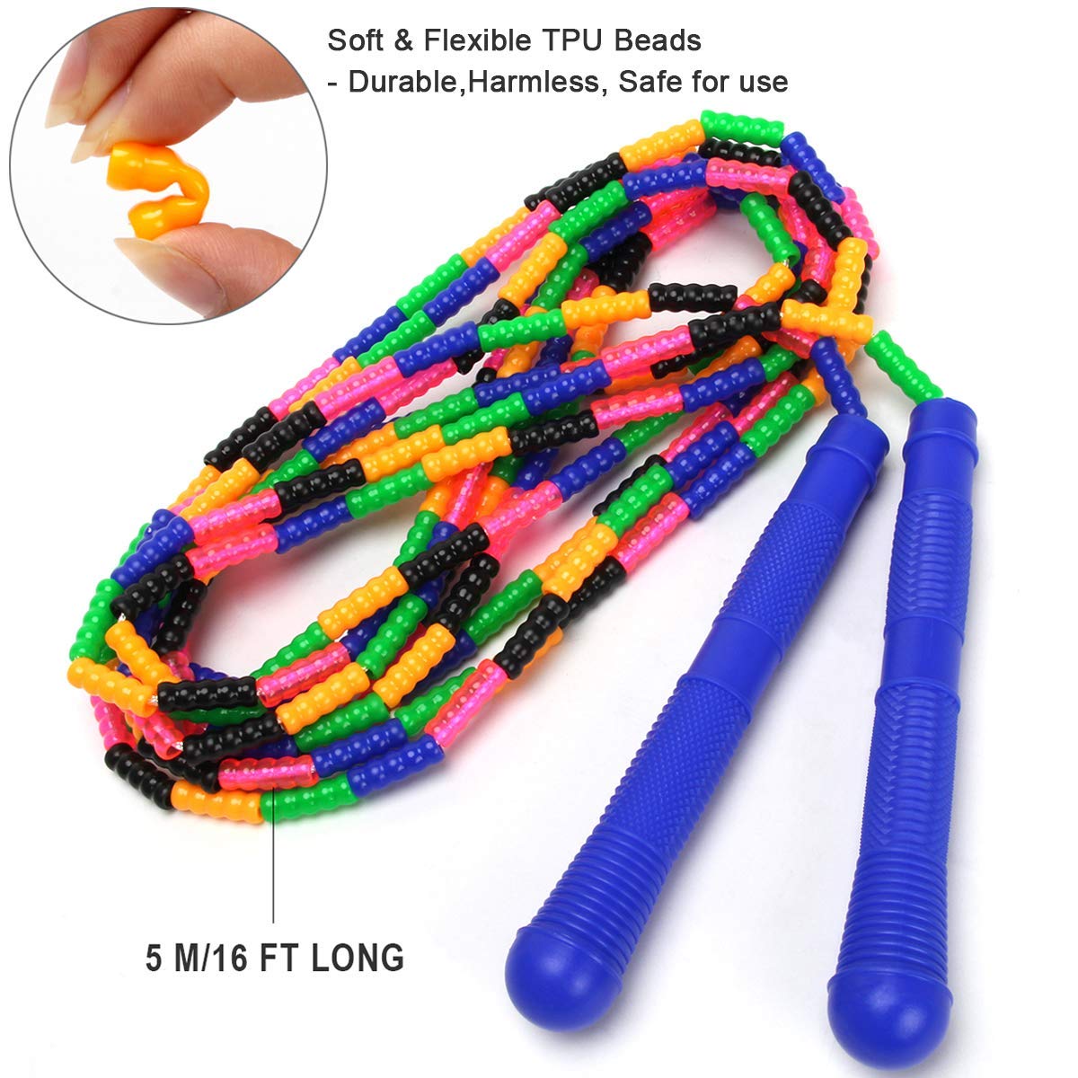 Coolrunner 16 FT Long Jump Rope(2 PACK), Double Dutch Soft Beaded Skipping Rope for Kids Adults, Plastic Segmented Jump Rope, Long Enough for 4-5 Jumpers(Rainbow) (Style 1) (Green) (Blue) (Blue)