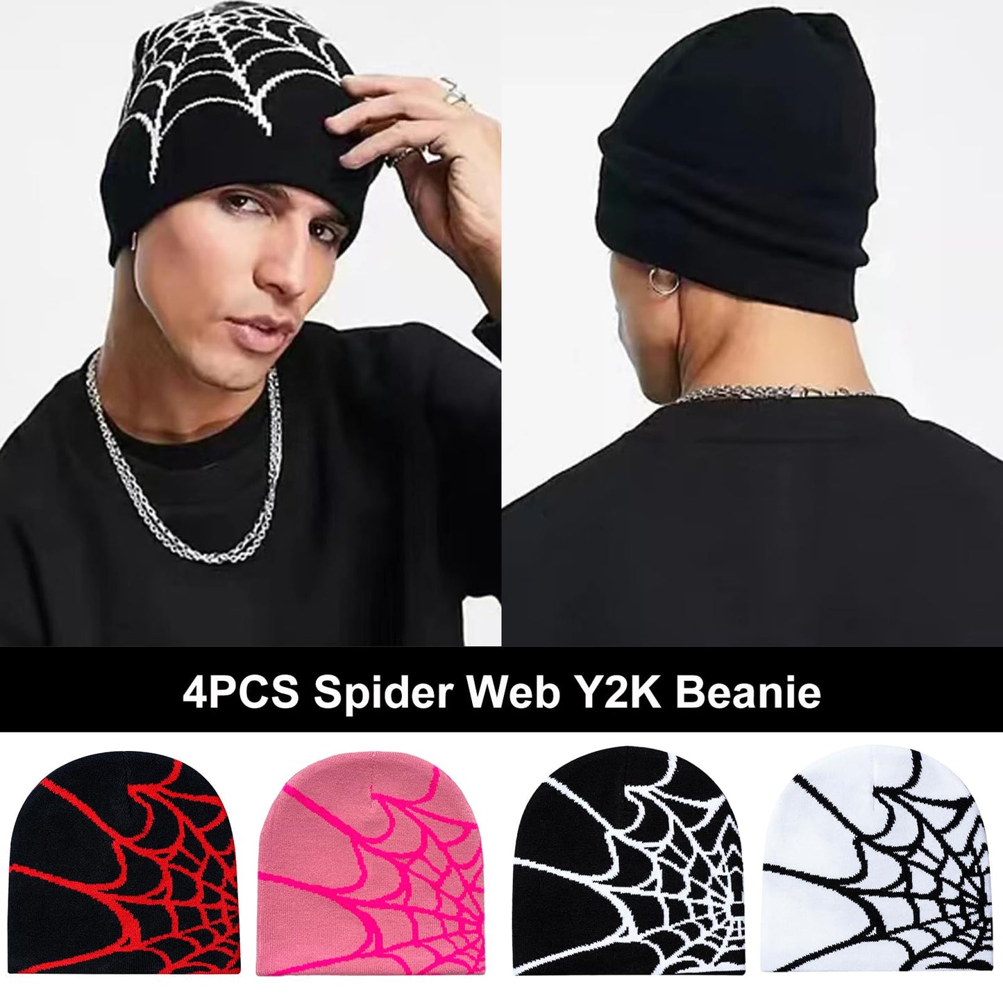 DKYM 4 Pcs Y2k Beanies Spider Web Beanie Y2k Hat Winter Knitted Hat for Women Men Graphic Beanie Black Beanies Cute Beanie Spider Beanie Y2k Accessories 2