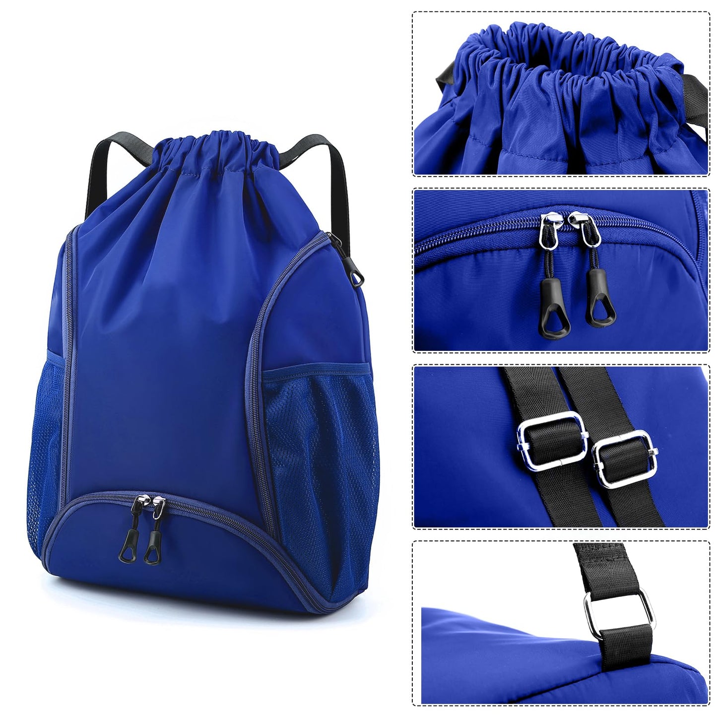 Valleycomfy Sports Gym Bag Drawstring Backpack with Shoes Basketball Bag and Two Water Bottle Holder,Drawstring Backpack for Beach, Pool and Travel,Sapphire Blue