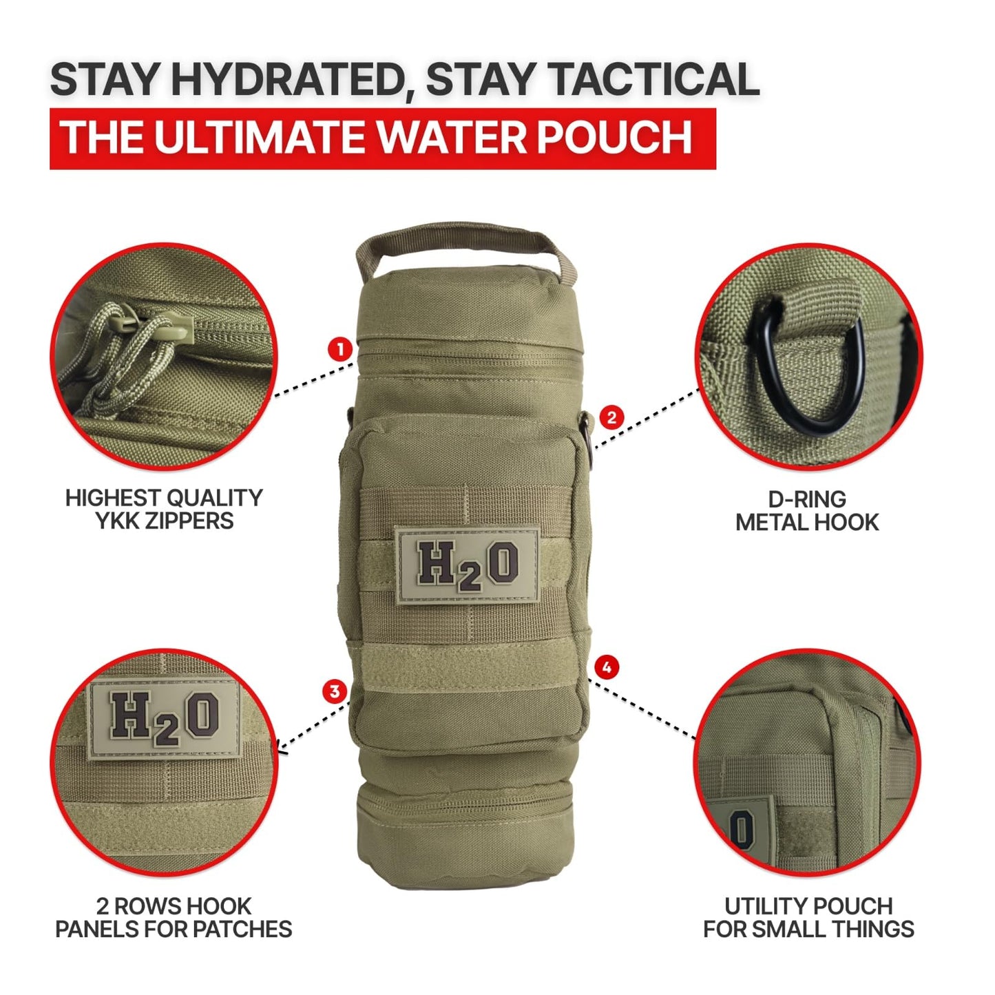 Orca Tactical Molle Water Bottle Pouch - Molle Water Bottle Holder with Strap - Water Bottle Carrier with Multiple Storage Options (OD Green)