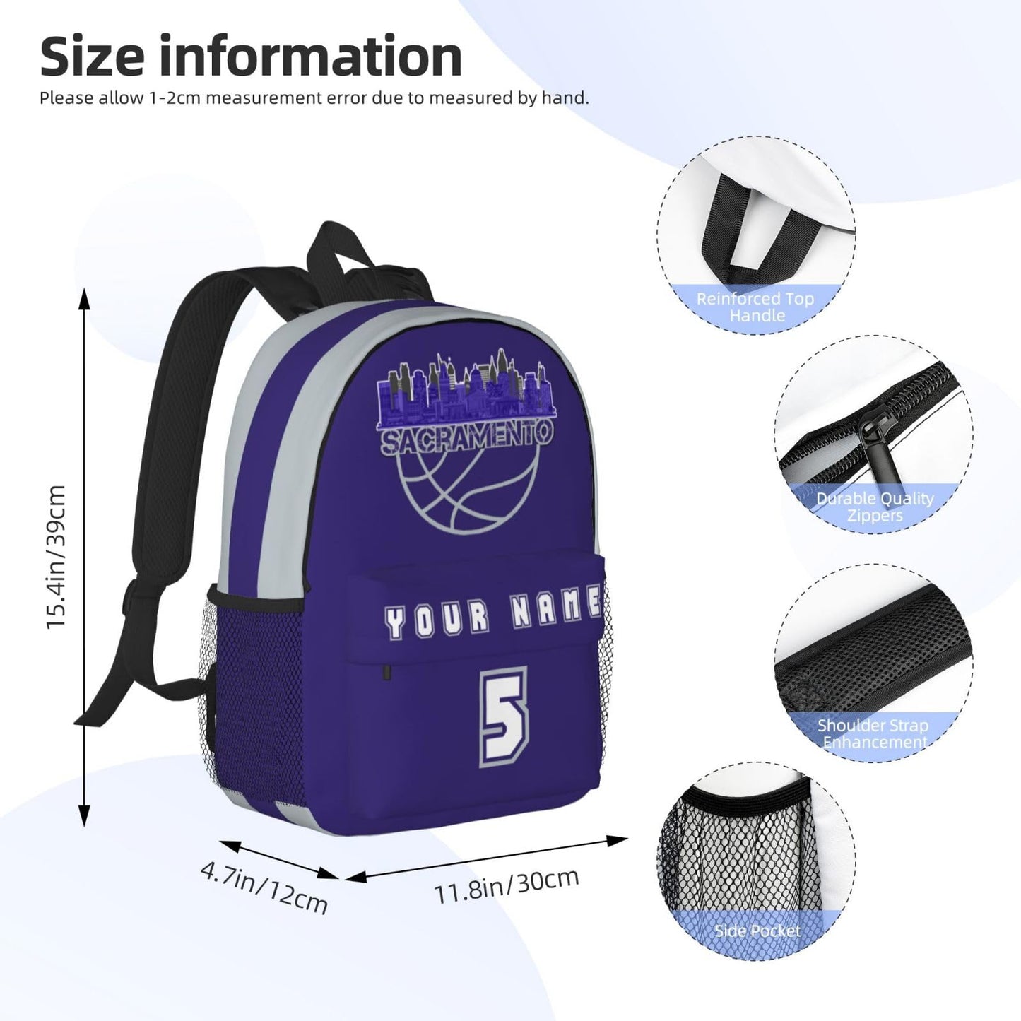 Jvpprds Sacramento Custom Backpack for Boys Personalized Schoolbag Customized Bag with Name Numbers Fans Gifts