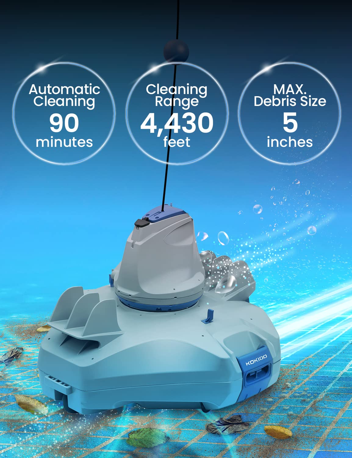 (Upgraded) KOKIDO Cordless Robotic Pool Floor Cleaner, Automatic Pool Vacuum for Flat Bottom Above/Inground Pools up to 30 Feet. Dirt, Sand, Debris & Leaves (max 5 inch), Last 90 Mins, XTROJET 320