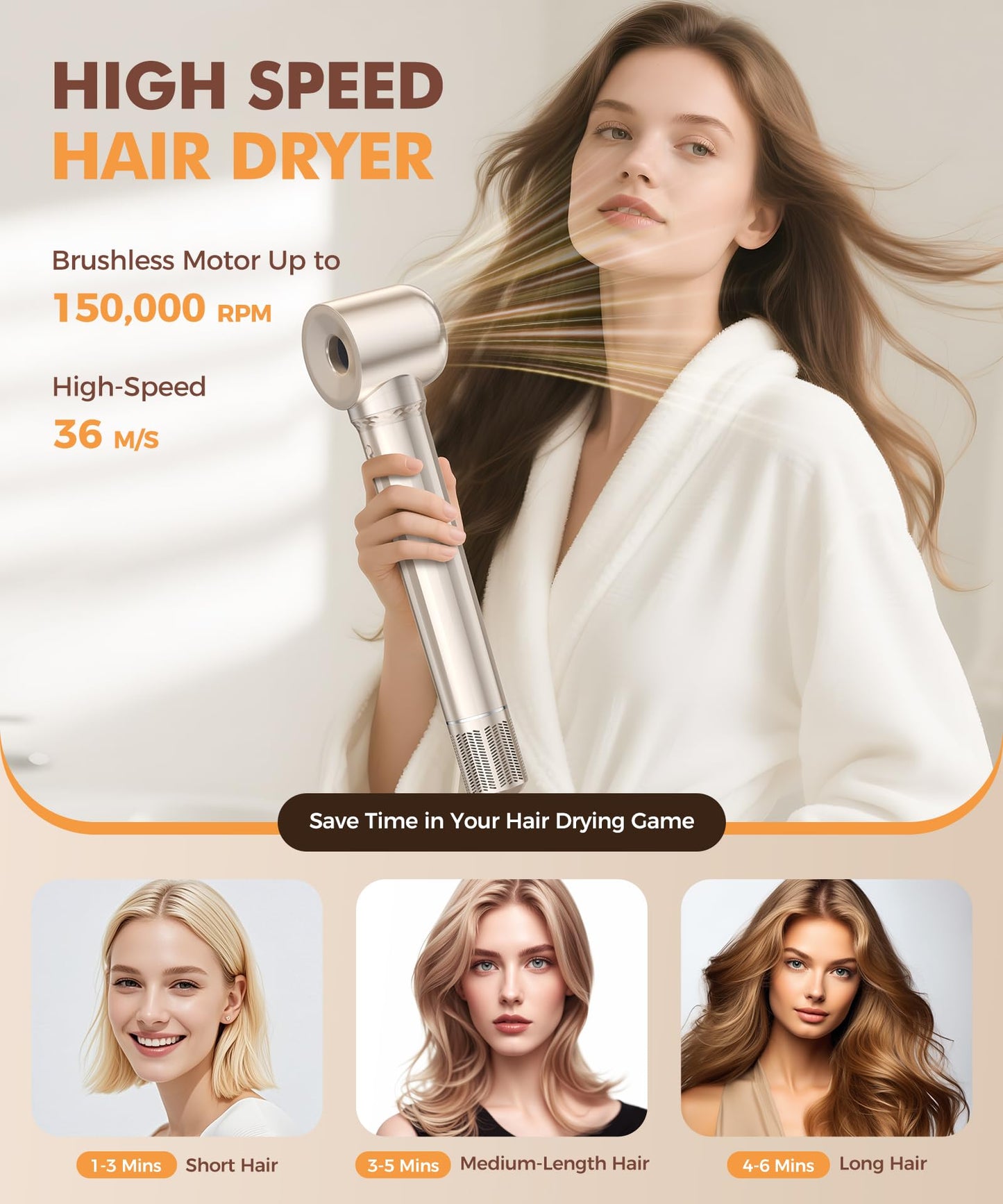 6-in-1 Hair Dryer Brush, Hair Styler with Auto-Wrap Curlers, 150,000 RPM High-Speed Negative Ionic Hair Dryer Fast Drying, Blow Dryer Brush for Curling/Volumizing/Straightening with Travel Bag, Gold