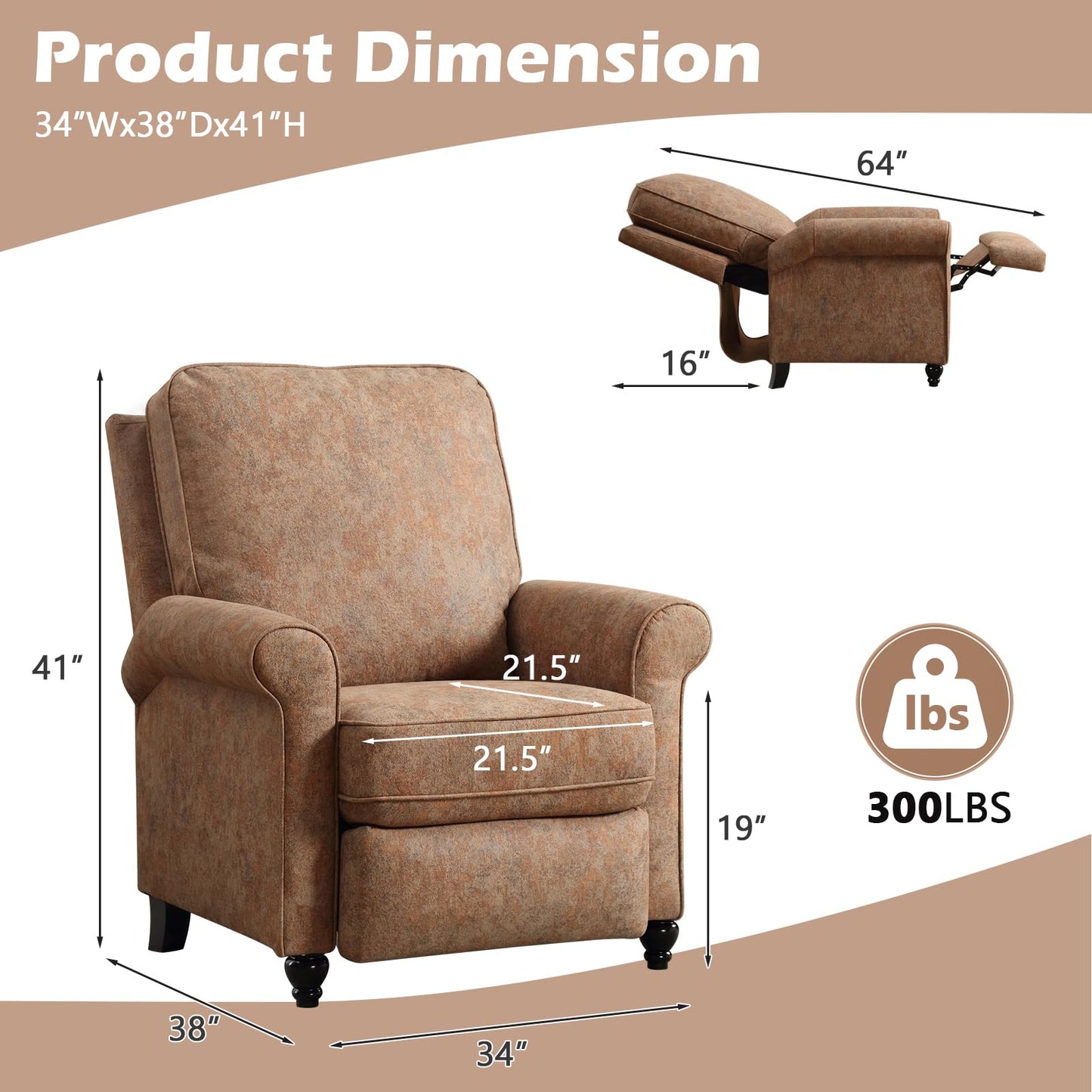 Bonzy Home Recliner Chair Accent Chair Set of 2, Push Back Reclining Chair with Padded Seat, Single Sofa Fabric Recliners for Living Room Bedroom Home Theater, Retro Brown