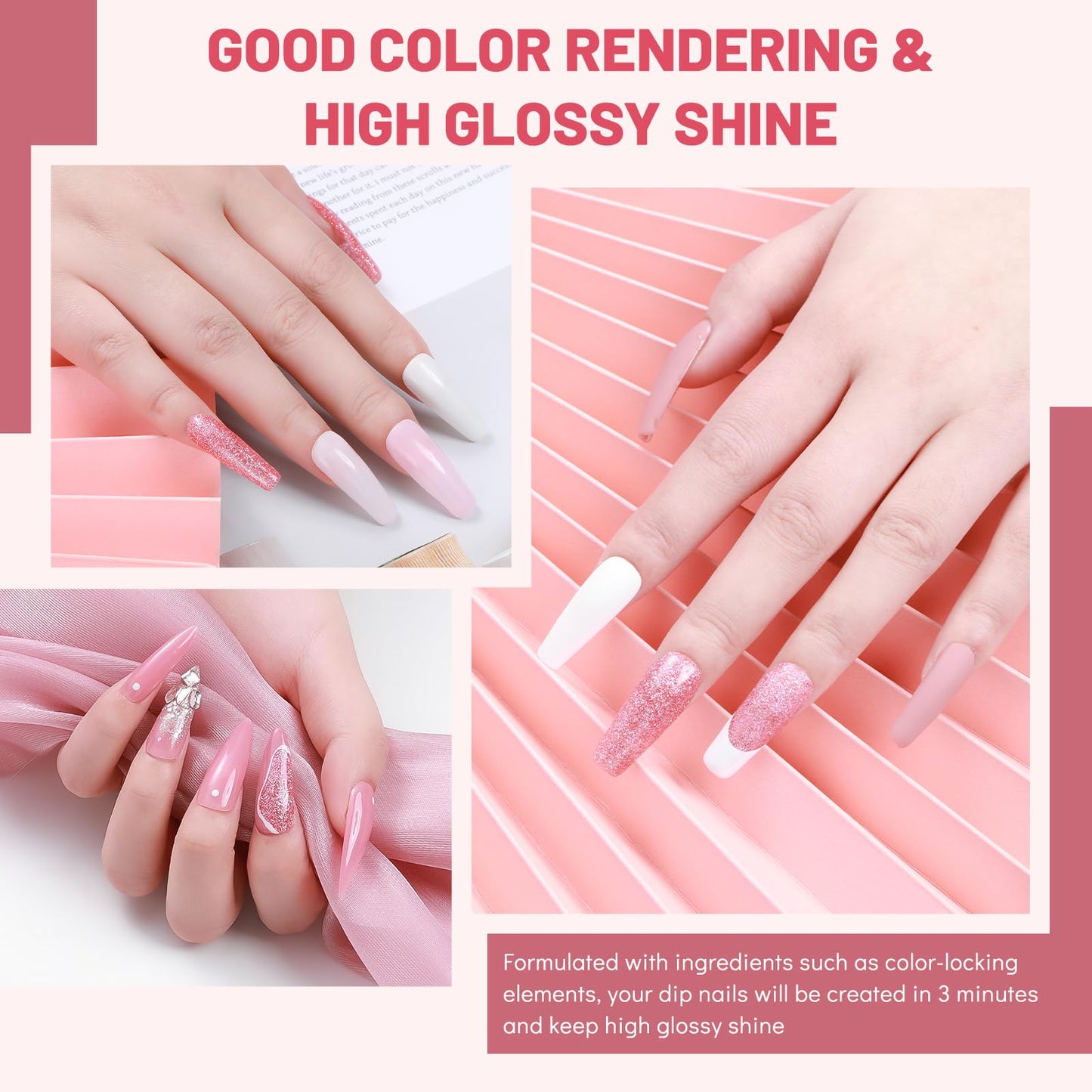 Aokitec Dip Powder Nail Kit Starter - 4 Colors White Nude Pink Glitter Nail Dip Powder with Dip Base Activator Top Coat Dipping Powder Liquid Set for Nail Art Manicure DIY Salon