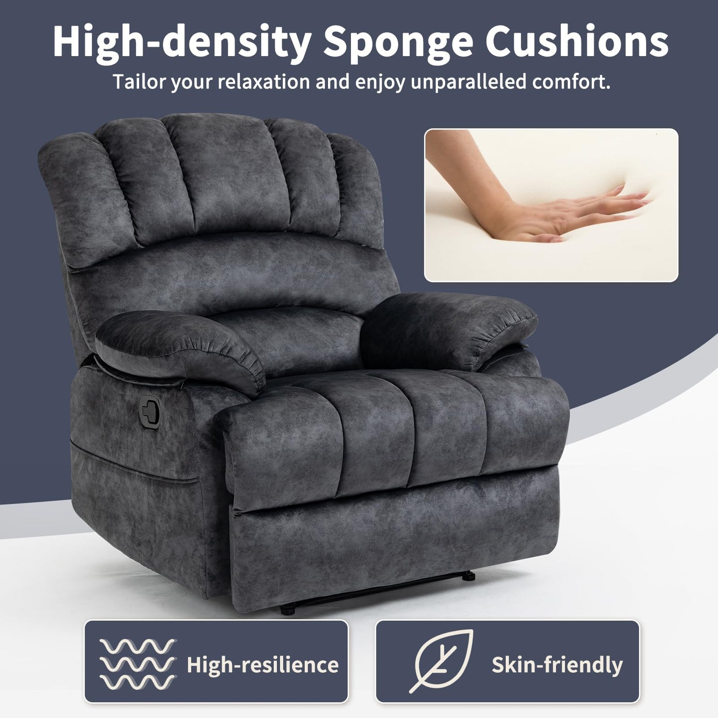 EZZUP Large Recliner, 23" Wide Seat, A Recliner with Three Position, Recliner Chair Oversized with Two Side Pockets, Dark Gray