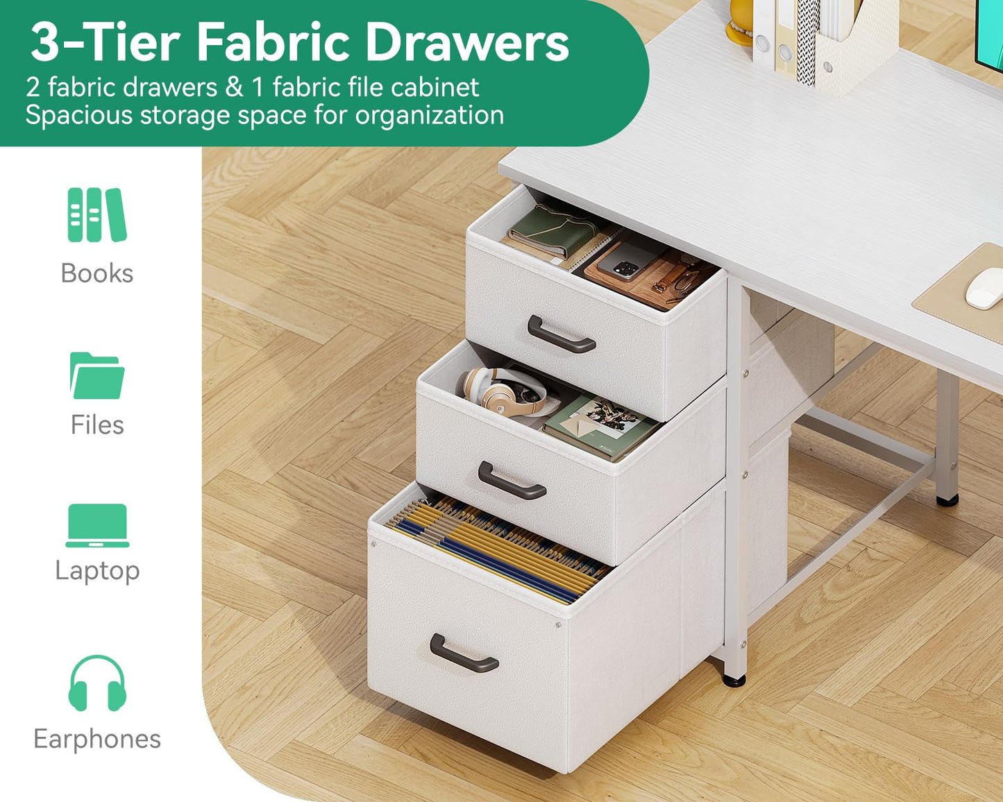 AODK 51 Inch Computer Desk with File Drawers - Reversible Home Office Desk with Storage Shelves, Work from Home, Modern Work/Writing/Study Table for Bedroom, White
