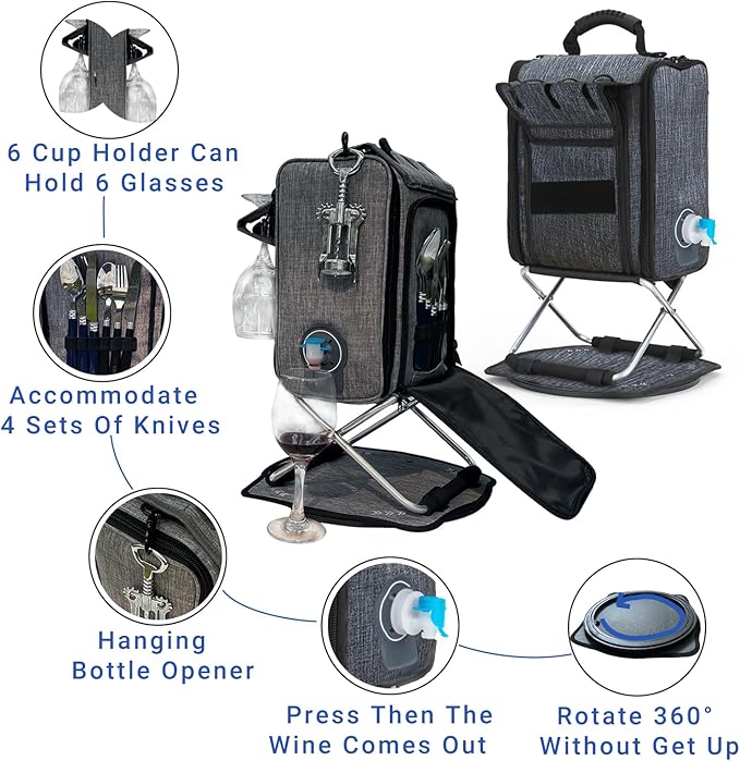 Backpack Cooler Insulated Leak Proof 20 Cans, 2 Ice Packs for Keeping Cool, Collapsible Support Stand with Rotary Bottom Tray for Rotate 360°, Cup Holder Cutlery Set for Camping Lunch