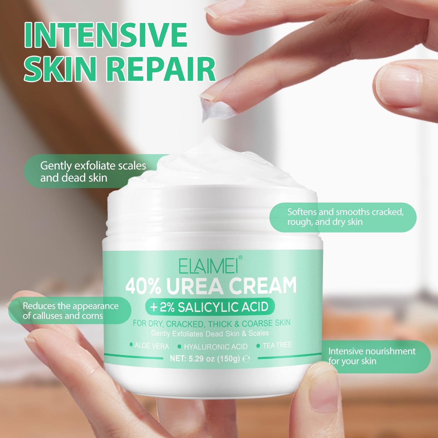 Urea Cream 40 Percent for Feet Maximum Strength,40% Urea Cream Plus 2% Salicylic Acid,Foot Cream and Hand Cream with Tea Tree,and Aloe Vera(5.29 OZ/150g/2pack)