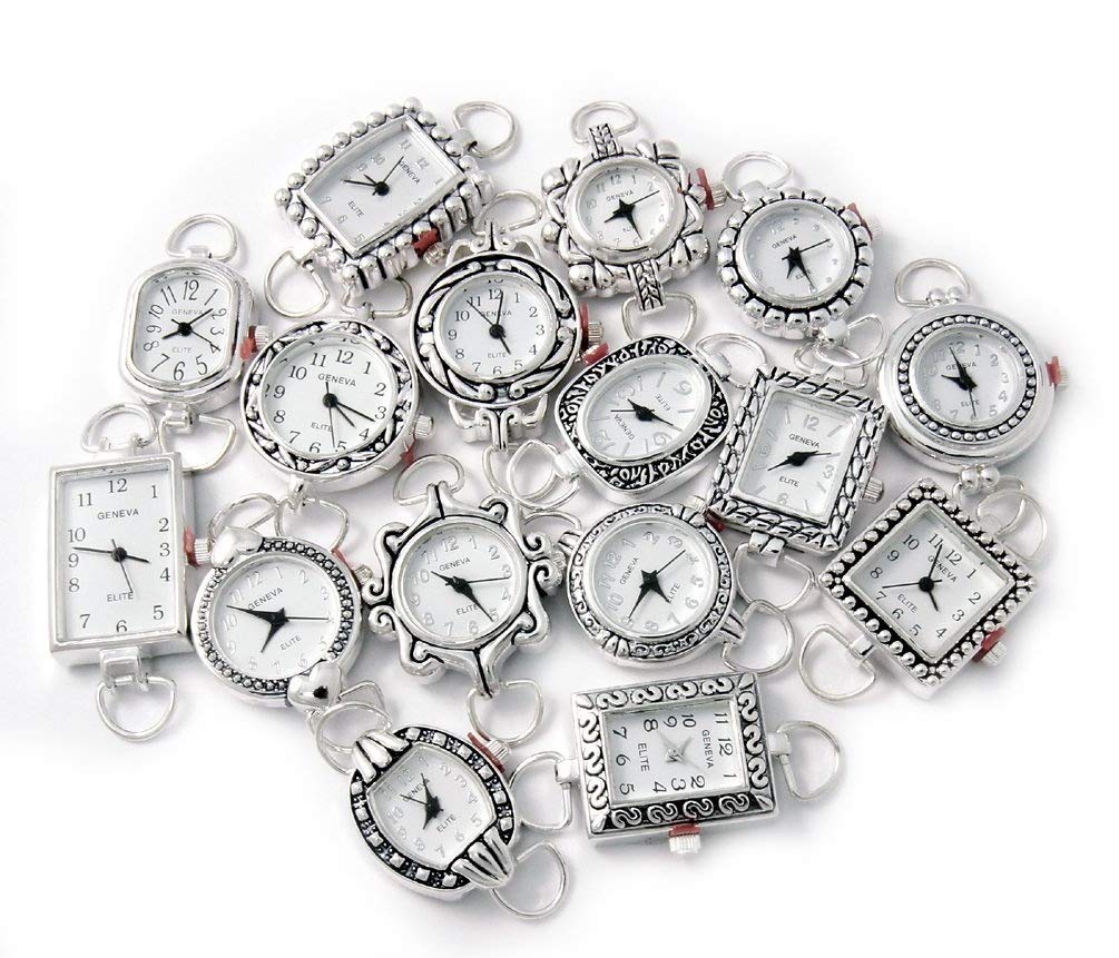 10 Mix Silver Tone Geneva Elite Watch Faces for Beading, Loops and Battery Included