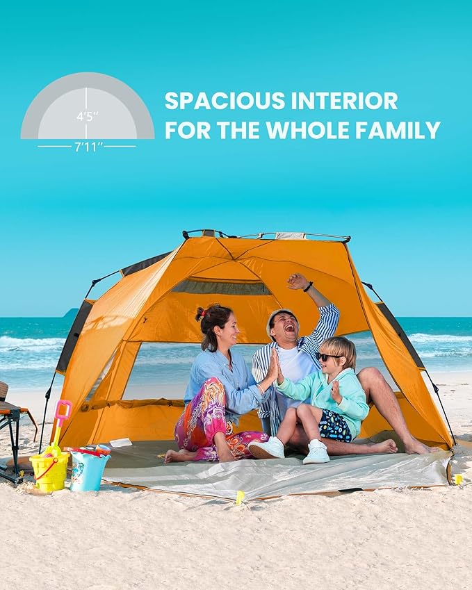 OutdoorMaster Beach Tent for 3-4 Person - Easy Setup and Portable Beach Shade Sun Shelter Canopy with UPF 50+ UV Protection Removable Skylight Family Size