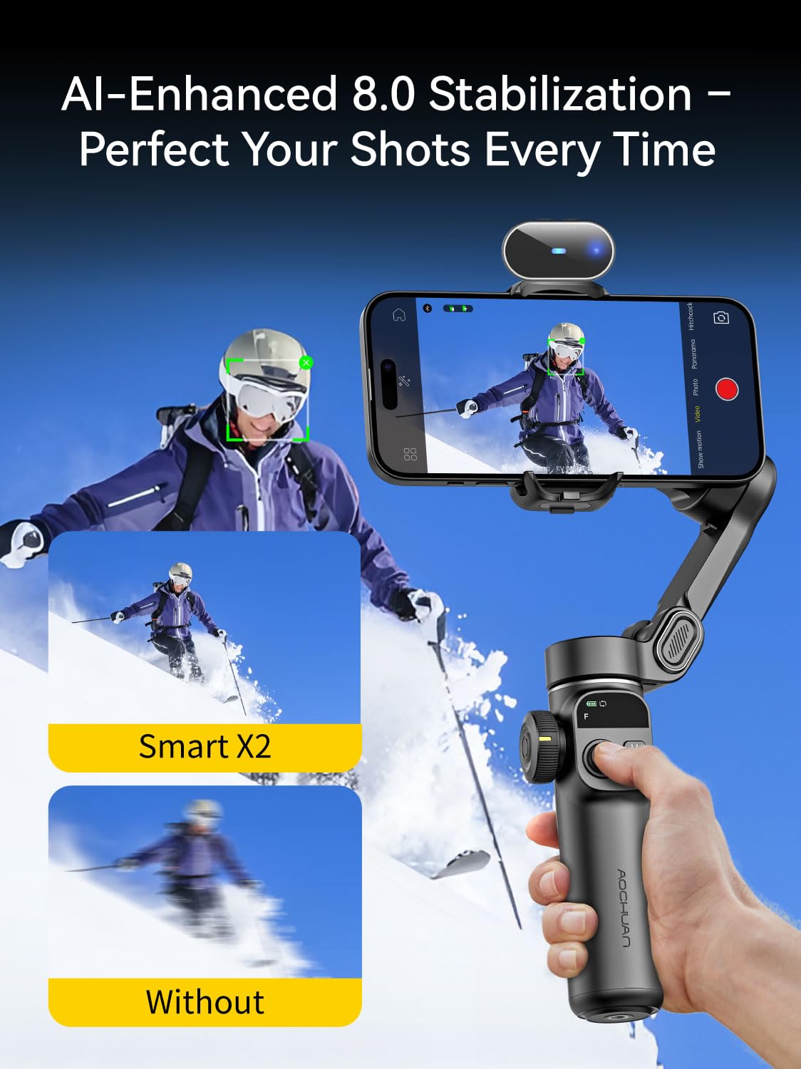 AOCHUAN 3-Axis Gimbal Stabilizer for Smartphone Smart X2 Black AI & T20 Complete Tripod & P03 RGB Magnetic Fill Light