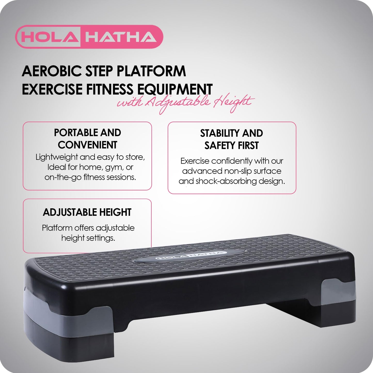 HolaHatha Compact Portable Aerobic Step Platform Exercise Fitness Equipment, Cardio Stepper with Adjustable Height for Home Gym, Black