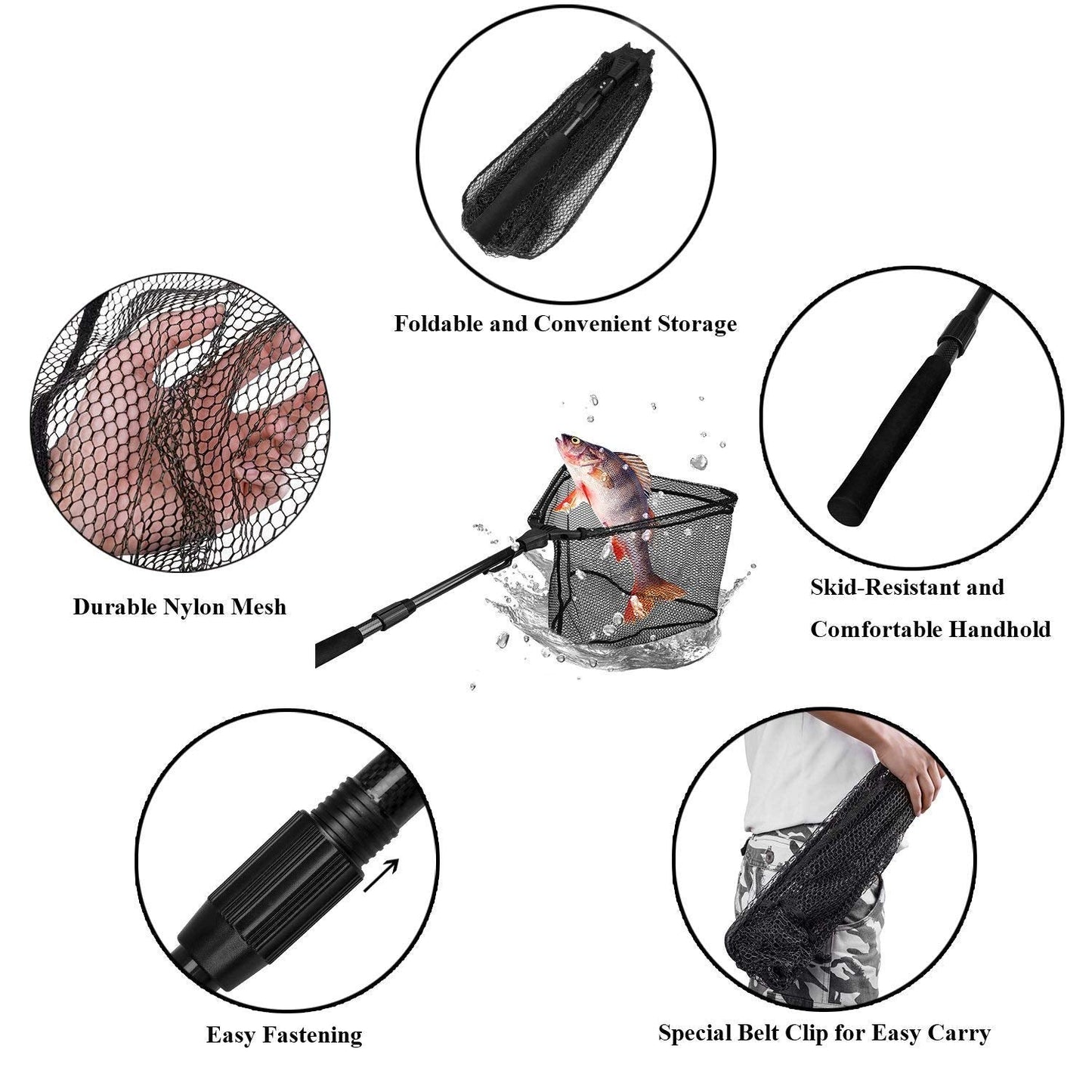 PLUSINNO Fishing Net Fish Landing Net, Foldable Collapsible Telescopic Pole Handle, Durable Nylon Material Mesh, Safe Fish Catching or Releasing (16.2")