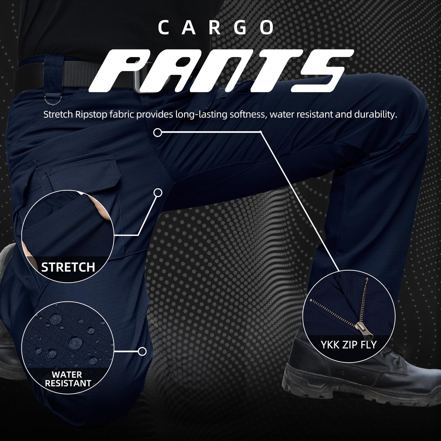 Hiwise Men's Stretch Tactical Pants Water Resistant Ripstop Cargo Pants Outdoor Lightweight EDC Work Hiking Pants (Navy Blue, 34WX32L)