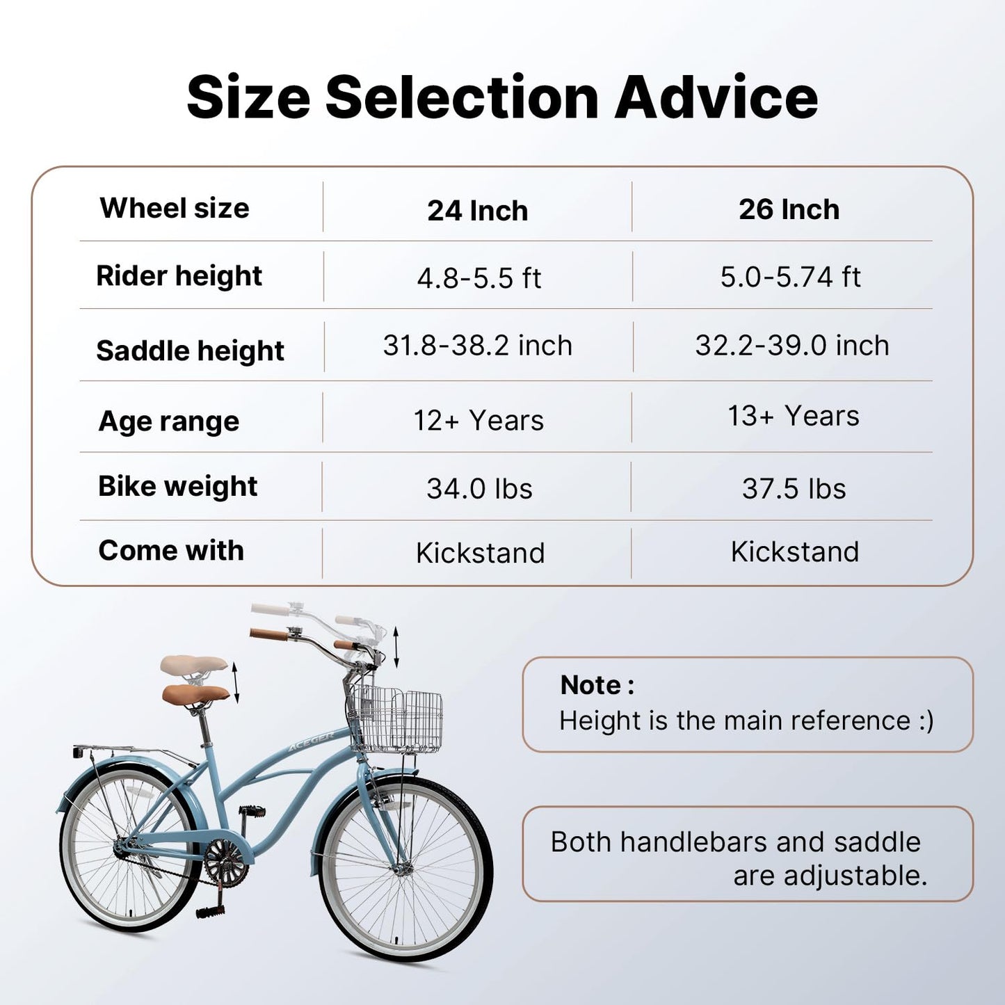 ACEGER 24 26 Inch Women Beach Cruiser Bike, Single Speed and 7 Speed, Adult Hybrid Bike Commuter Bicycle, Hi-Ten Steel Frame with Adjustable Handlebar and Saddle, Multiple Colors