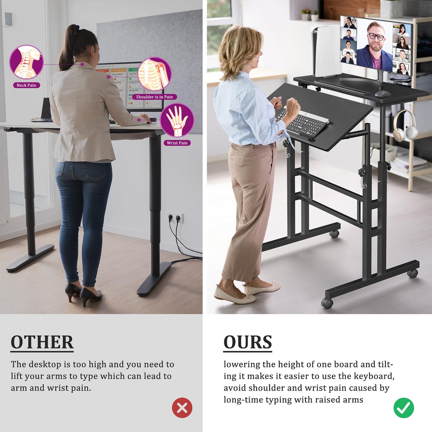 Enayplon Small Standing Desk with Wheels, Tall Mobile Stand Up Table, Portable Standing Desk for Walking Pad, Rolling Table Adjustable Height, Rolling Computer Table for Tall Person