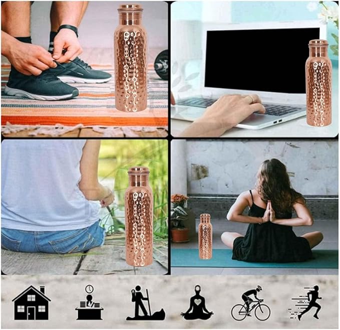 Pure Copper Water Bottle, Hammered Seamless, UNLINED, UNCOATED and LACQURED-FREE, 1000 Ml (33.81 Fl Oz) Capacity For Ayurveda Health Benefits Set of 4, Rose Gold