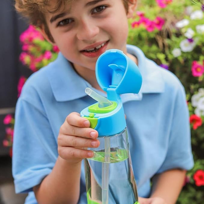 b.box Tritan Drink Bottle for Kids Toddlers, Water Bottle w/Flip Straw and Spill Proof Lid, Cool Modern Child Friendly Design, Best for After Sippy Cup, BPA Free Plastic, 15oz, Ocean Breeze