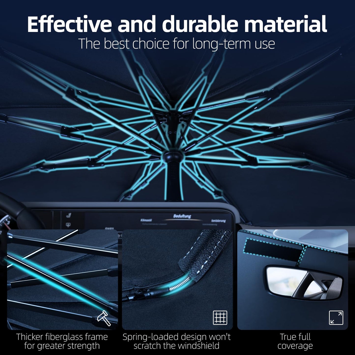 AOKWAY Windshield Sun Shade Umbrella, Foldable Car Sunshade with UV Blocking - Protect Car from Sun Rays & Heat Damage Keep Cool and Protect Interior,Medium (59.1" L x 32.2" W)
