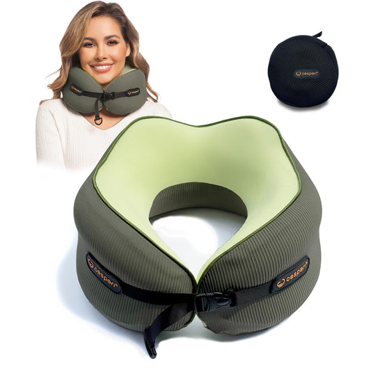Cesperi® Travel Neck Pillow for Airplanes, Ergonomic Design, Airplane Neck Pillow with Memory Foam, Travel Essentials for Flights, Car Rides, and Home Rest, Adjustable Strap, L Sizes (Avocado Green)