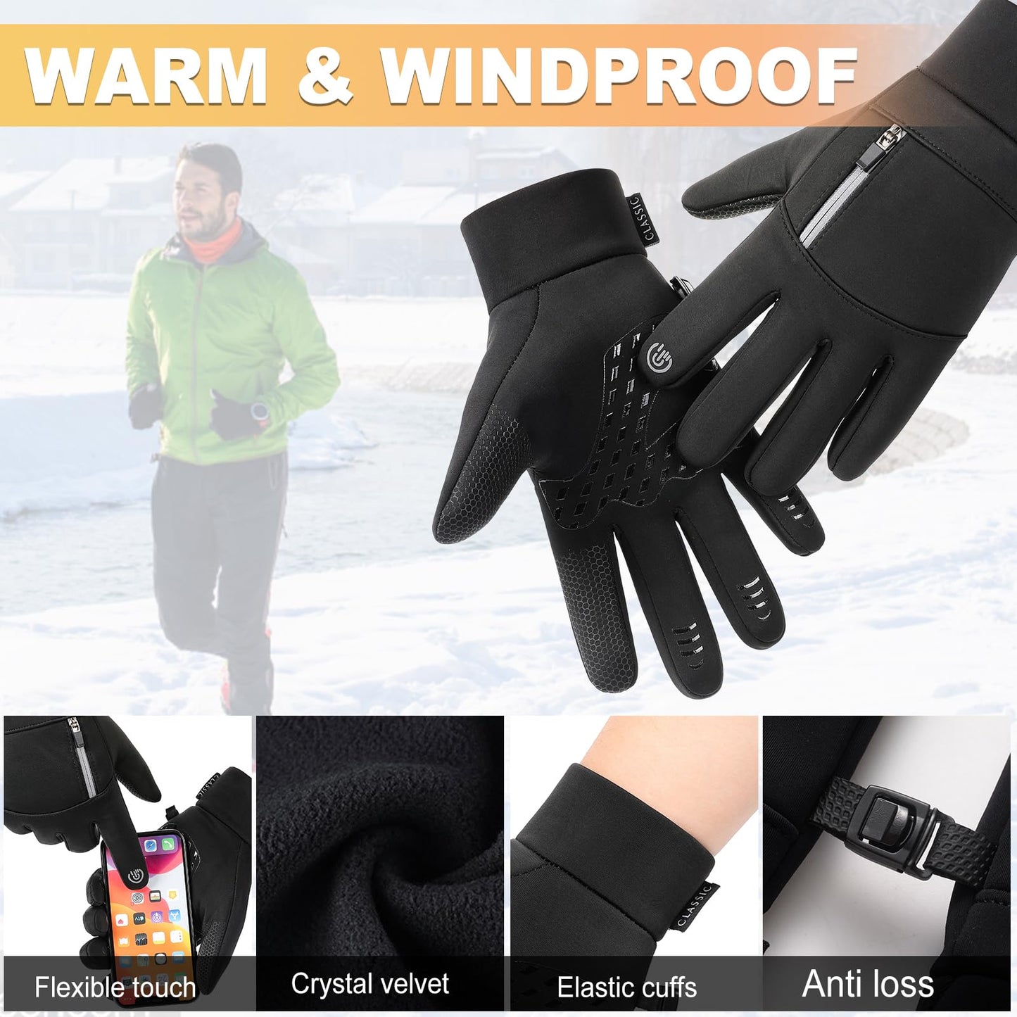 AIJIEKE Winter Gloves for Men Women, Cold Weather Gloves, Windproof Warm Gloves, Touch Screen Gloves, Waterproof Gloves for Work, Sports Running Gloves for Driving Fishing Cycling, XL