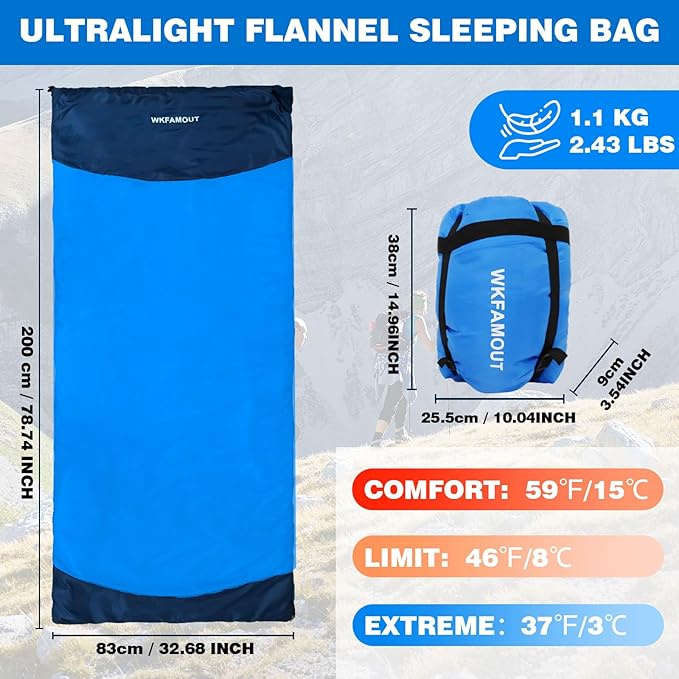 Backpacking Flannel Sleeping Bag Lightweight for Adults Hiking Ultralight Compact Sleeping Bag Portable Warm Weather Summer with Compression Sack