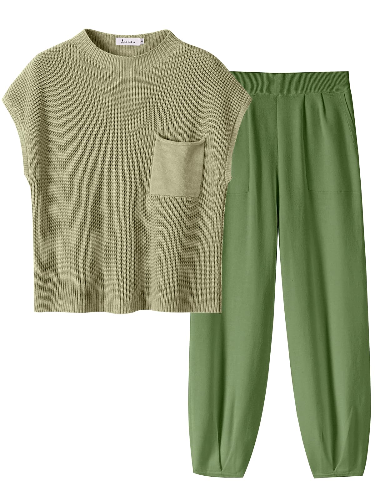 ANRABESS Women's Two Piece Outfits Knit Sweater Pullover Crop Top & Pants Lounge Matching Tracksuit Sweatsuit Sets 2024 Trendy Loungewear Clothes Grass X-Small