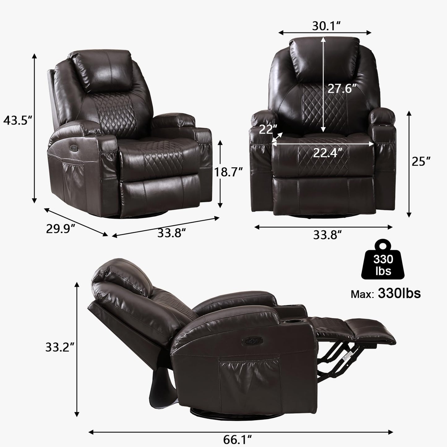 IBTKIG Power Swivel Rocker Recliner Chair with Massage and Heat/LED Lights/USB and Type-C Ports/Infinite Position/Cup Holder, Electric Glider Reclining Sofa for Nursery Living Room(2, Brown)
