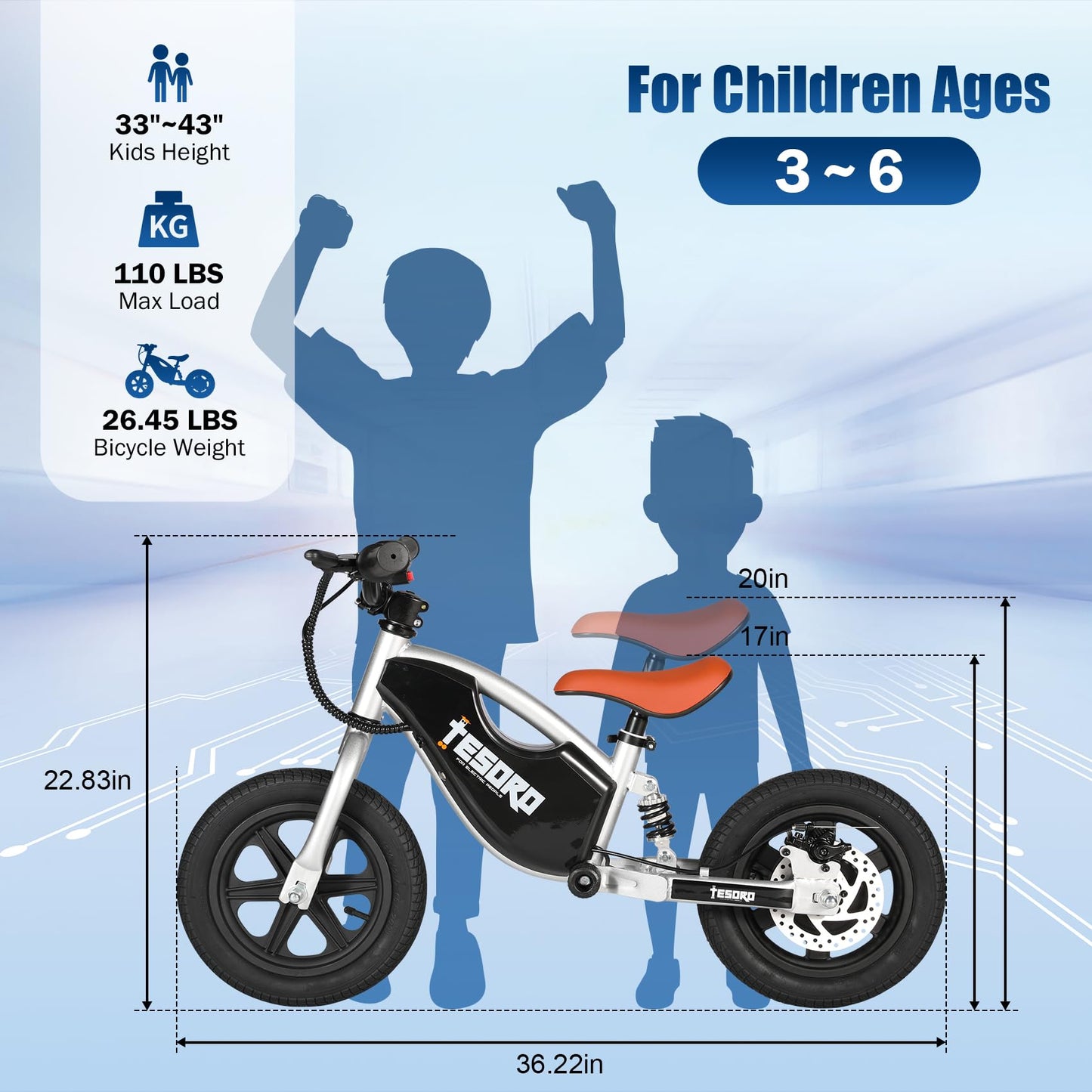 TESORO Electric Balance Bike 3-6, 24V 150W E Bike for Kids, 9.3MPH Kids Electric Dirt Bike with Adjustable Speed, 12” Electric Motorcycle for Kid, Rear Shock Absorber