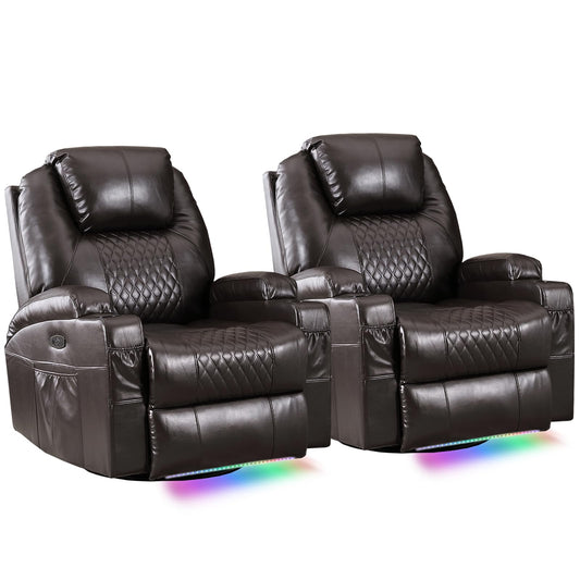 IBTKIG Power Swivel Rocker Recliner Chair with Massage and Heat/LED Lights/USB and Type-C Ports/Infinite Position/Cup Holder, Electric Glider Reclining Sofa for Nursery Living Room(2, Brown)