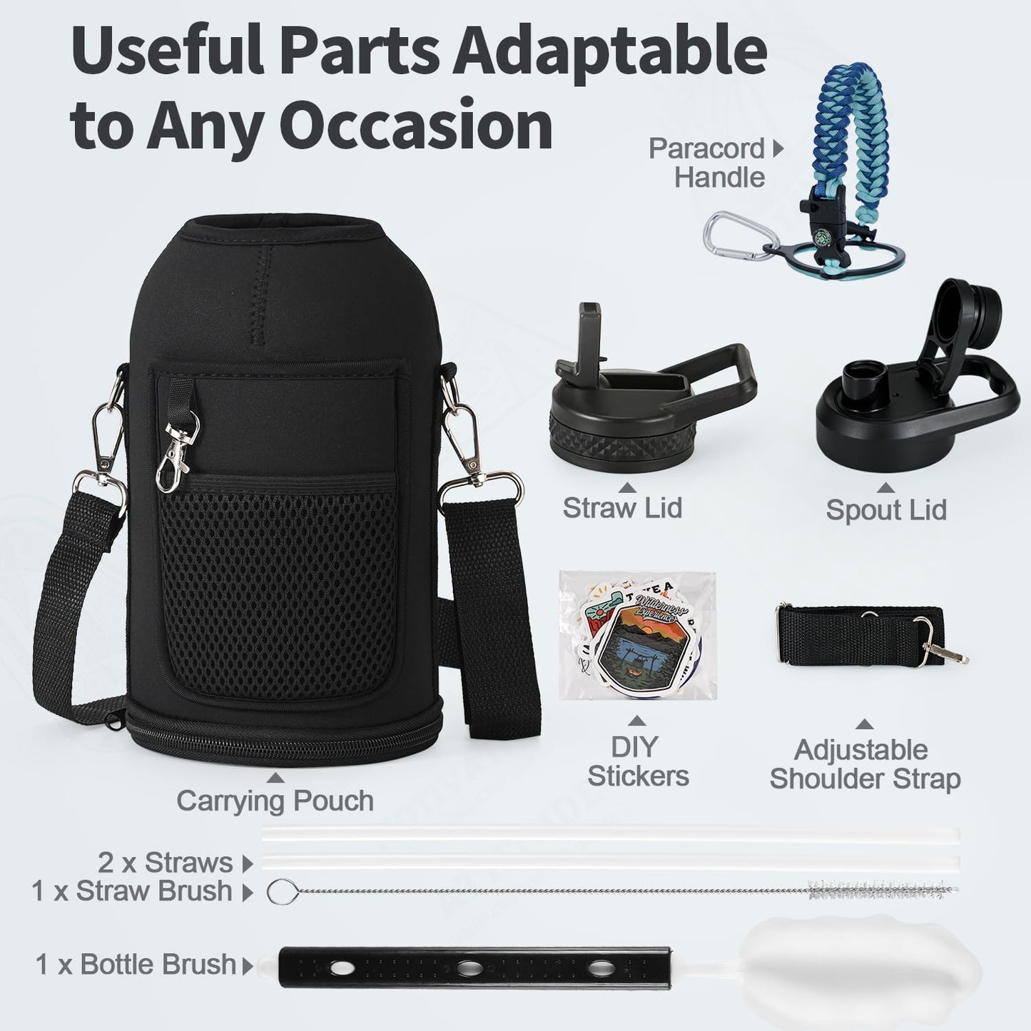 WixByti 64 oz Insulated Water Bottle with Straw (Cold for 48 Hrs), Half Gallon Stainless Steel Triple Wall Vacuum Sports Water Jug, Leakproof Hydro Cup Flask with Straw Spout Lids & DIY Stickers