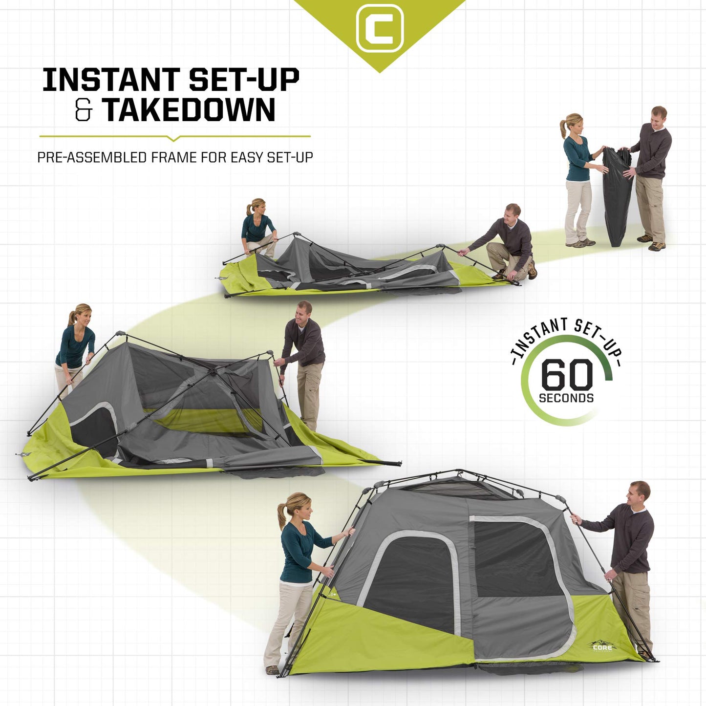 CORE 6 Person Instant Cabin Tent | Portable Large Pop Up Tent with Easy 60 Second Camp Setup for Family Camping | Included Hanging Organizer for Outdoor Camping Accessories