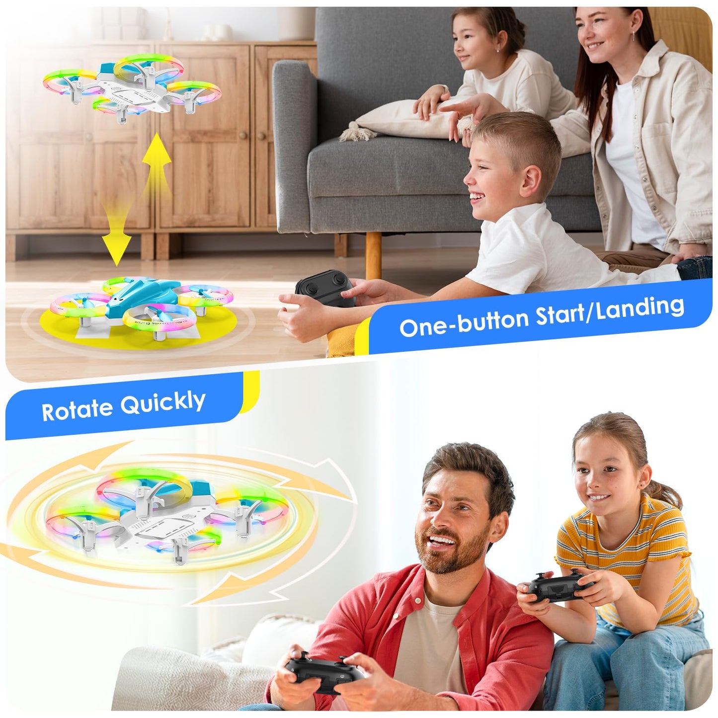 Lisoco Drone, Mini Drone for Kid and Beginner with Led Light, Small Indoor Rc Drone with 360 Flip, 2 Batteries, One Key Take Off Landing, Kids Flying Toy Gift for Boy and Girl(Light Blue)