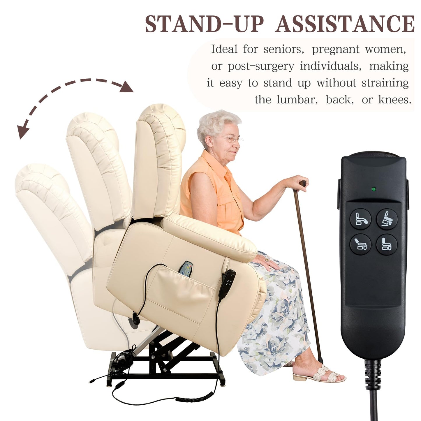 Infinite Position Lay Flat Lift Recliner Chair for Adults, Dual Motor Power Lift Chair for Elderly with Massage & Heating, Extended Footrest, USB Ports, Remote Control & Lumbar Pillow, Leather (Cream)