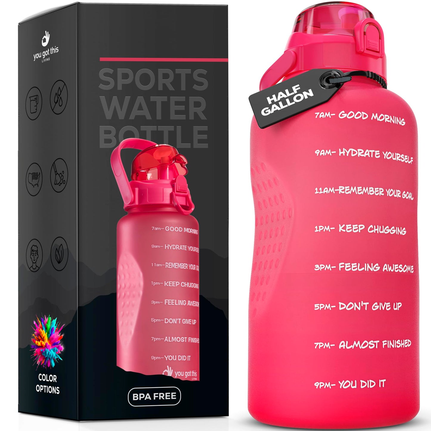 YOU GOT THIS LIVING Motivational Water Bottle with Time Marker,Half Gallon Water bottle with Straw 64 oz/2.2L Gym Water Bottle, Achieve All-Day Hydration SpillProof, BPA FREE