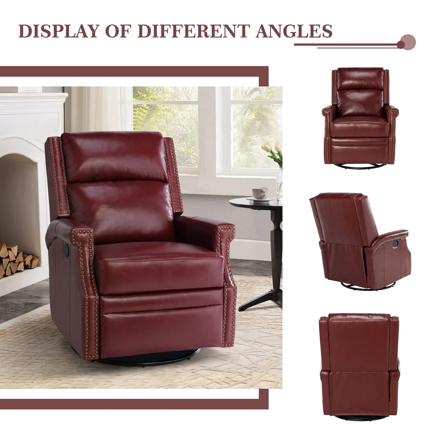 HULALA HOME Genuine Leather Swivel Rocker Recliner Chair Set of 2 for Living Room,Manual Glider Recliner with Adjustable Backrest&Footrest,Modern Home Theater Sofa Armchair with Nailhead Trim,BURGUNDY