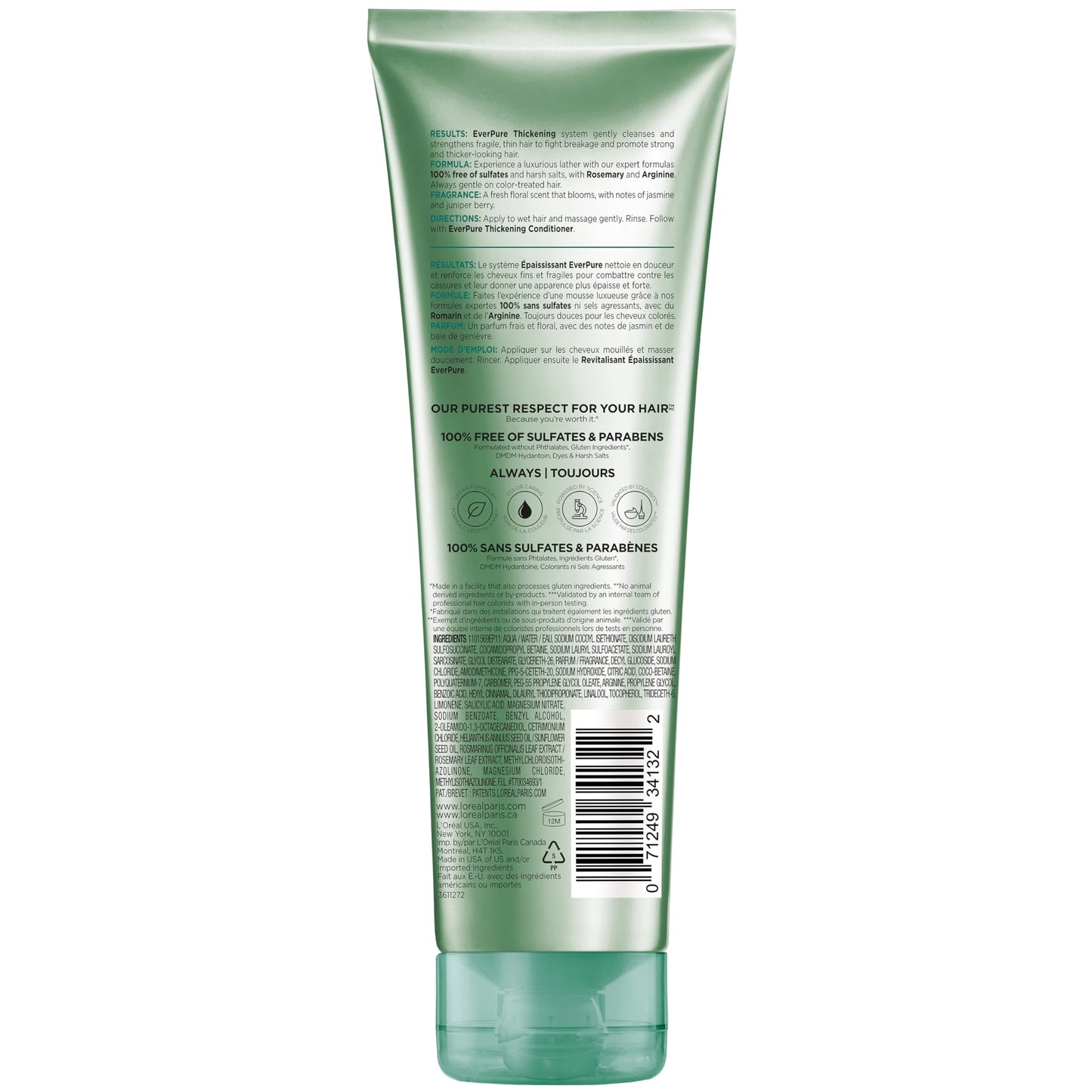 L'Oreal Paris Thickening Sulfate Free Shampoo, Thickens + Strengthens Thin, Fragile Hair, Hair Care with Rosemary Leaf, EverPure, 8.5 Fl Oz (Packaging May Vary)