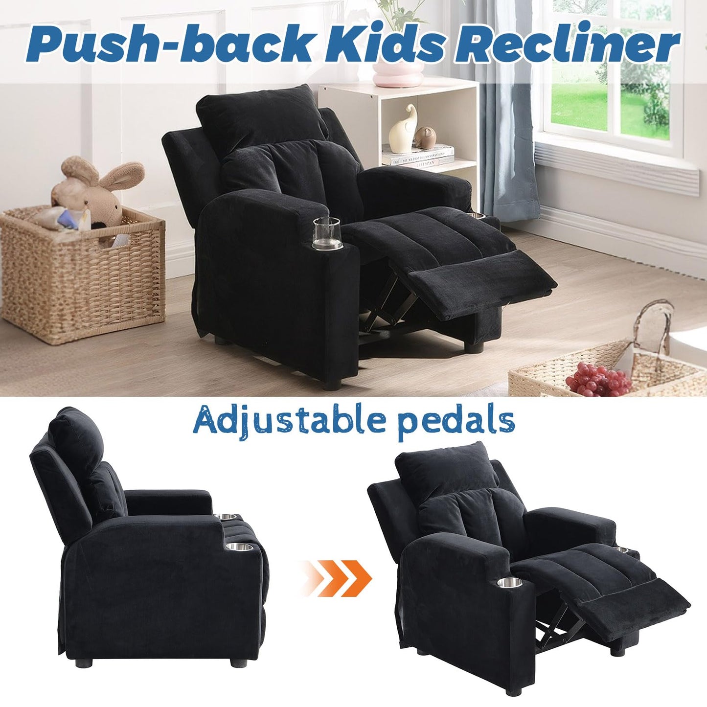 Anwick 2-in-1 Kids Recliner Chair with Cup Holder, Velvet Upholstered Single Sofa with Adjustable Footrest & Backrest, Toddler Recliners for Boys and Girls (Black)