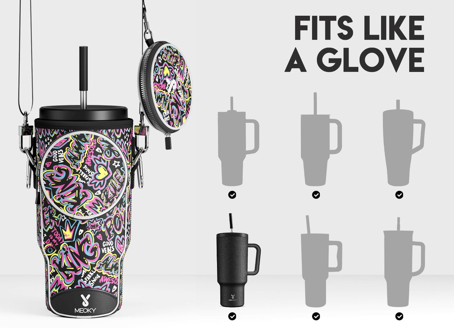 Meoky Water Bottle Carrier Bag with Phone Pocket for 40 oz Tumbler with Handle, Neoprene Water Bottle Holder Pouch with Adjustable Strap, 2 Carabiner Clips (King)