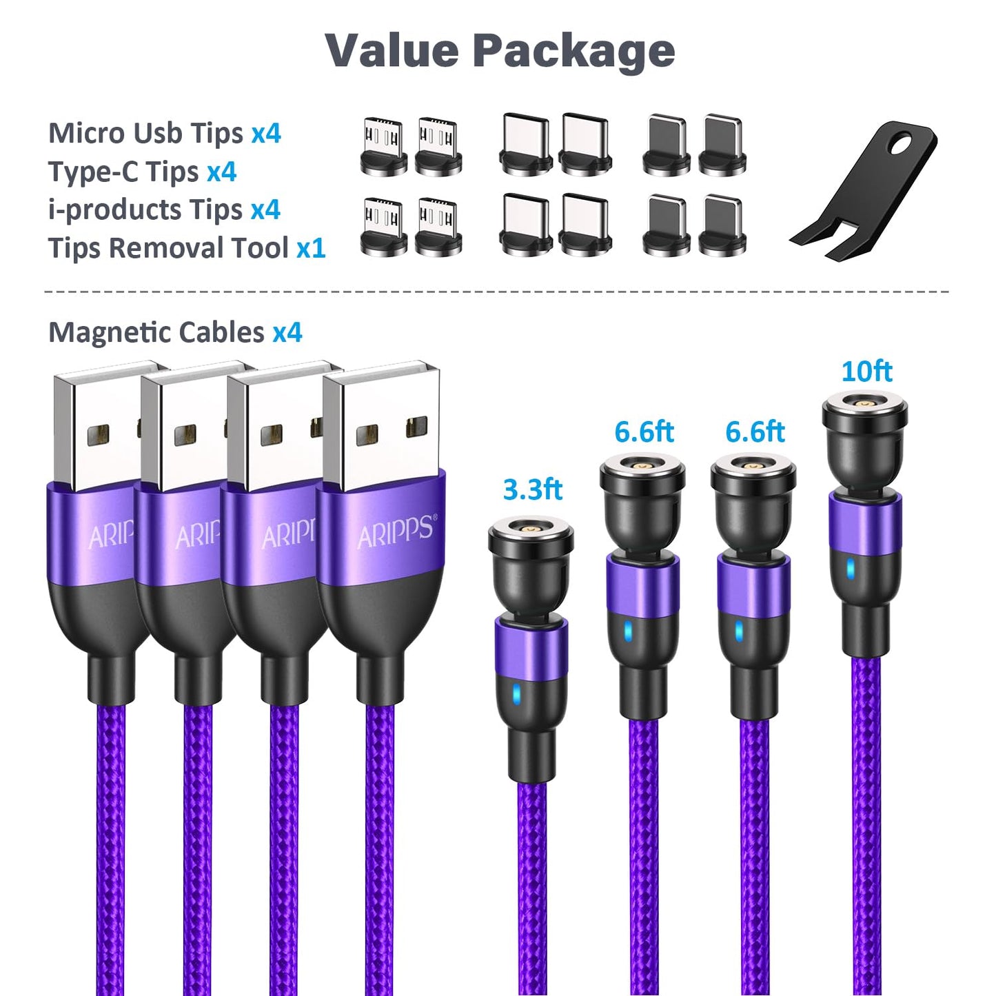 Aripps Magnetic Charging Cable 4 Pack (3.3ft/6.6ft/6.6ft/10ft), 540 Degree Rotating Magnet Phone Charger Cable, 3 in 1 Nylon Magnetic USB Cable for Micro,Type C and iProduct Device