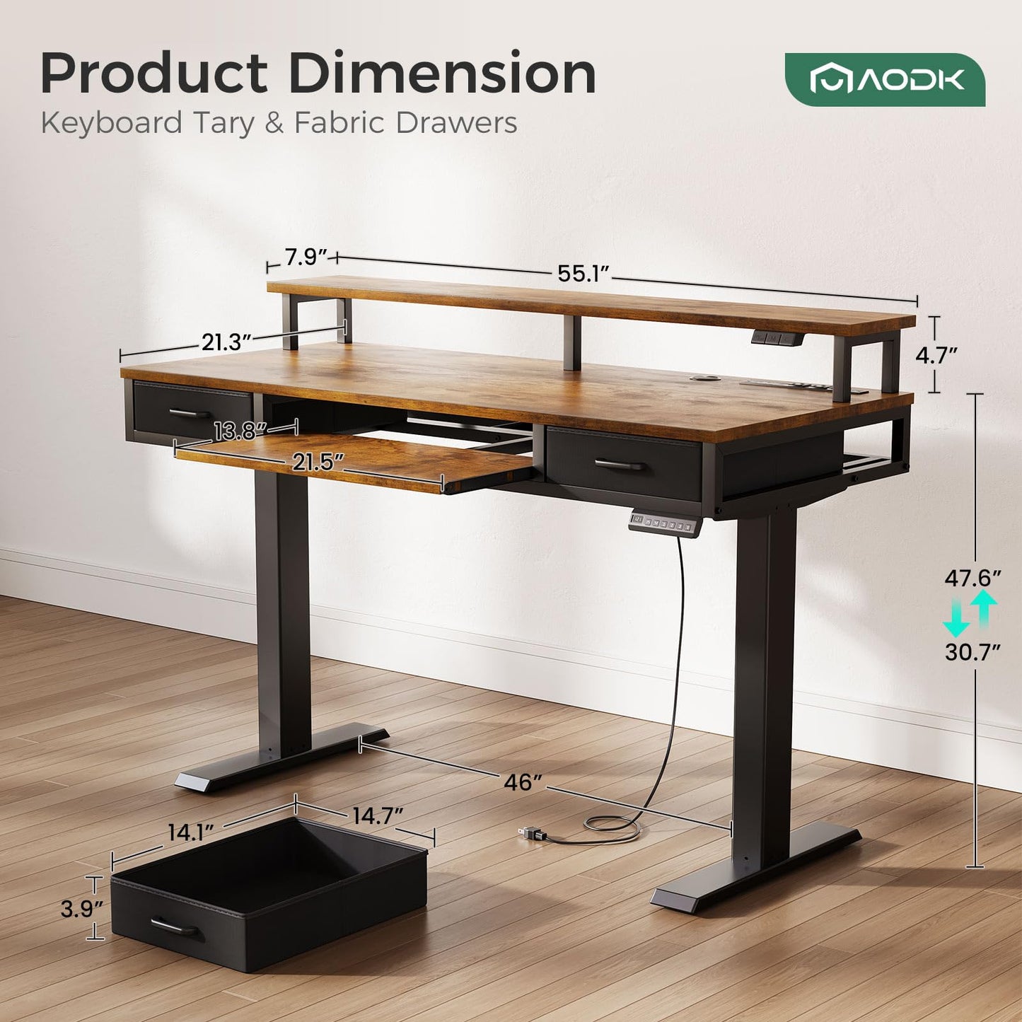 AODK Electric Standing Desk with Drawers & Keyboard Tray, 55 Inch Height Adjustable Gaming Desk with Power Outlets & LED Lights, Sit Stand Table with Monitor Stand for Home, Office, Rustic Brown