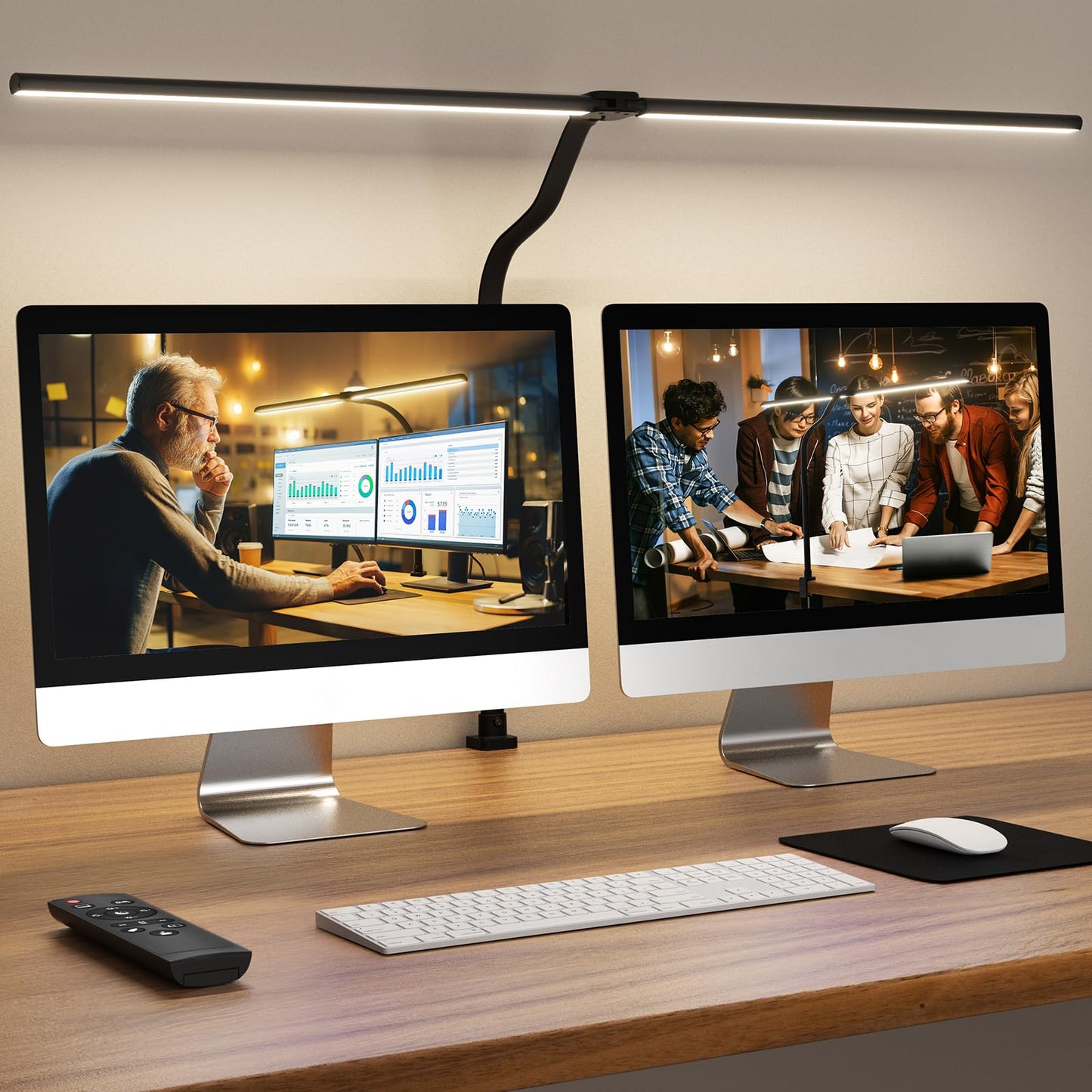 APMIEK LED Desk Lamp for Home Office, Remote Control Computer Desk Light Bright Table Lamp for Study Dimmable Desktop Lighting with Clamp Adjustable Gooseneck, Double Head, 24W, Black