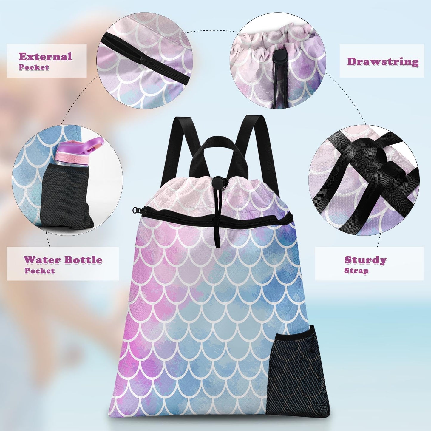 Britown Mermaid Gym Drawstring Backpack Waterproof Underwater Sea Pink Blue Girl Swimming Beach Sackpack, Sports Yoga Dance Travel String Bag Gift Bags with Water Bottle Pocket